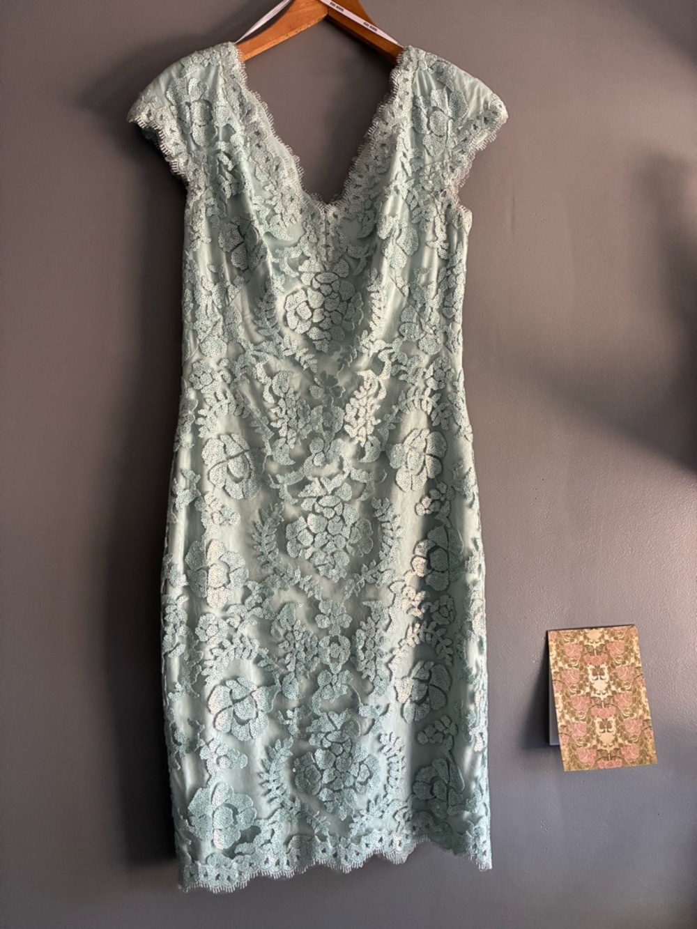 Tadashi Shoji Soft Aqua Sequined  Midi Cap Sleeve Dress Size 8